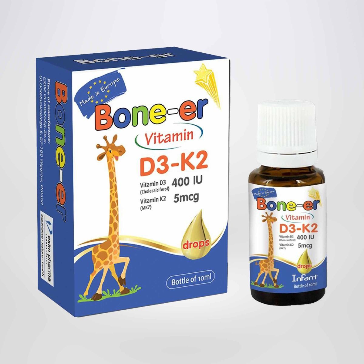 Vitamin D3 nhỏ giọt Bone-er bổ sung vitamin D3 và K2 cho bé từ 0 tháng tuổi lọ 10ml