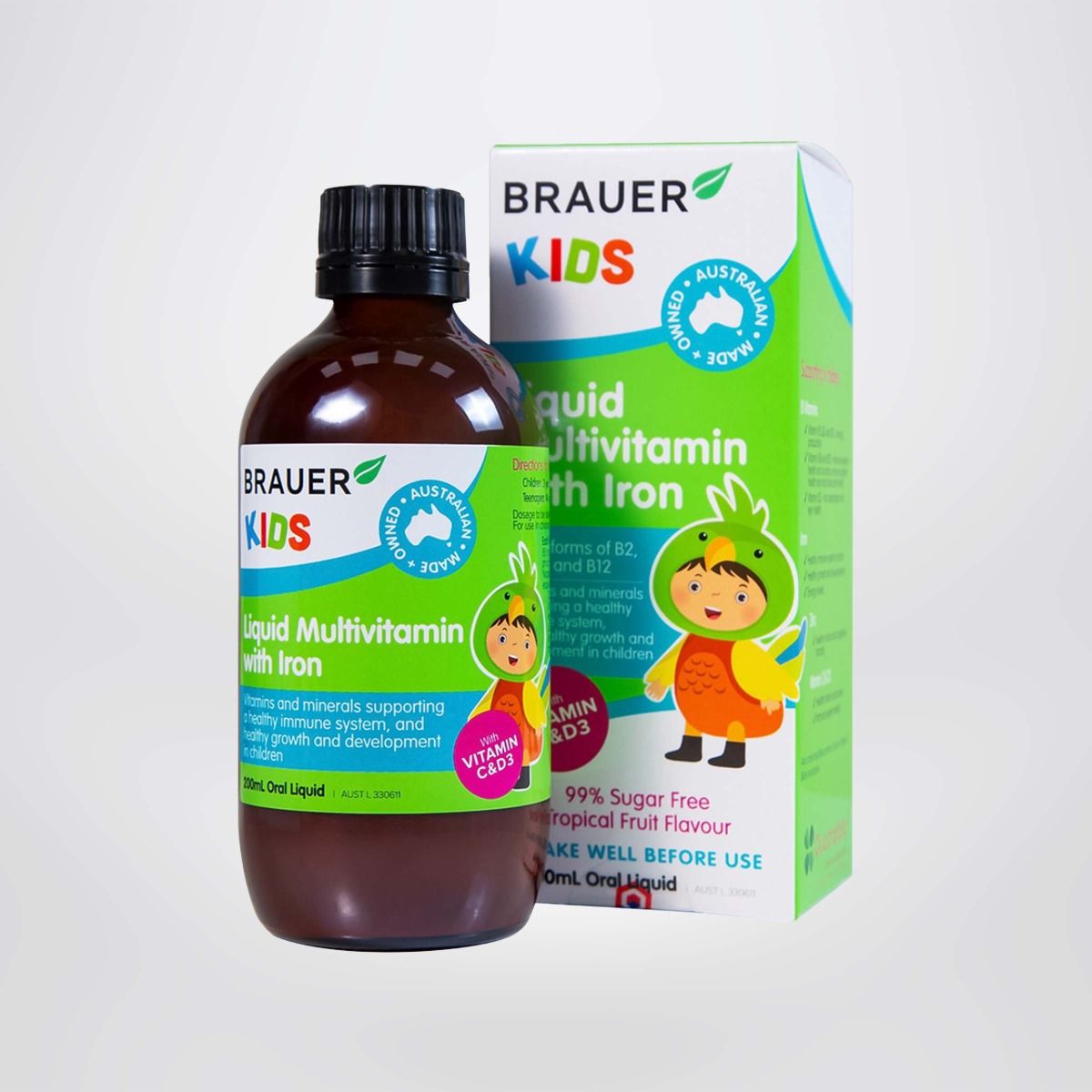 Siro Brauer Kids Liquid Multivitamin With Iron - Vitamin bổ sung Sắt & Phát triển Toàn diện cho trẻ từ 3 tuổi (200ml)