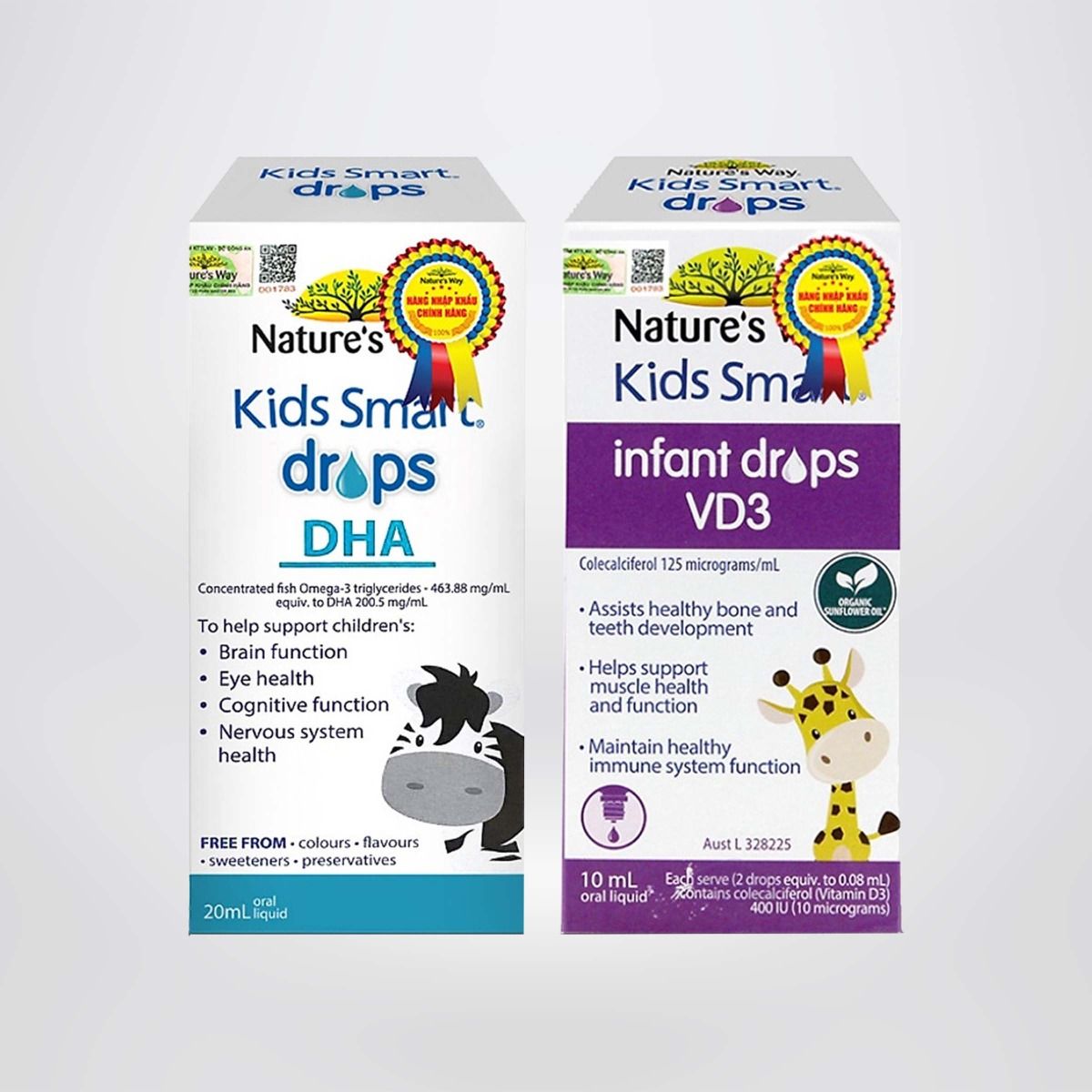 Combo 2 Siro Uống Nature's Way Kids Smart Drops DHA Và Infant Drops VD3 Bổ Sung Vitamin D Và Phát Triển Não Bộ 20ml/10ml