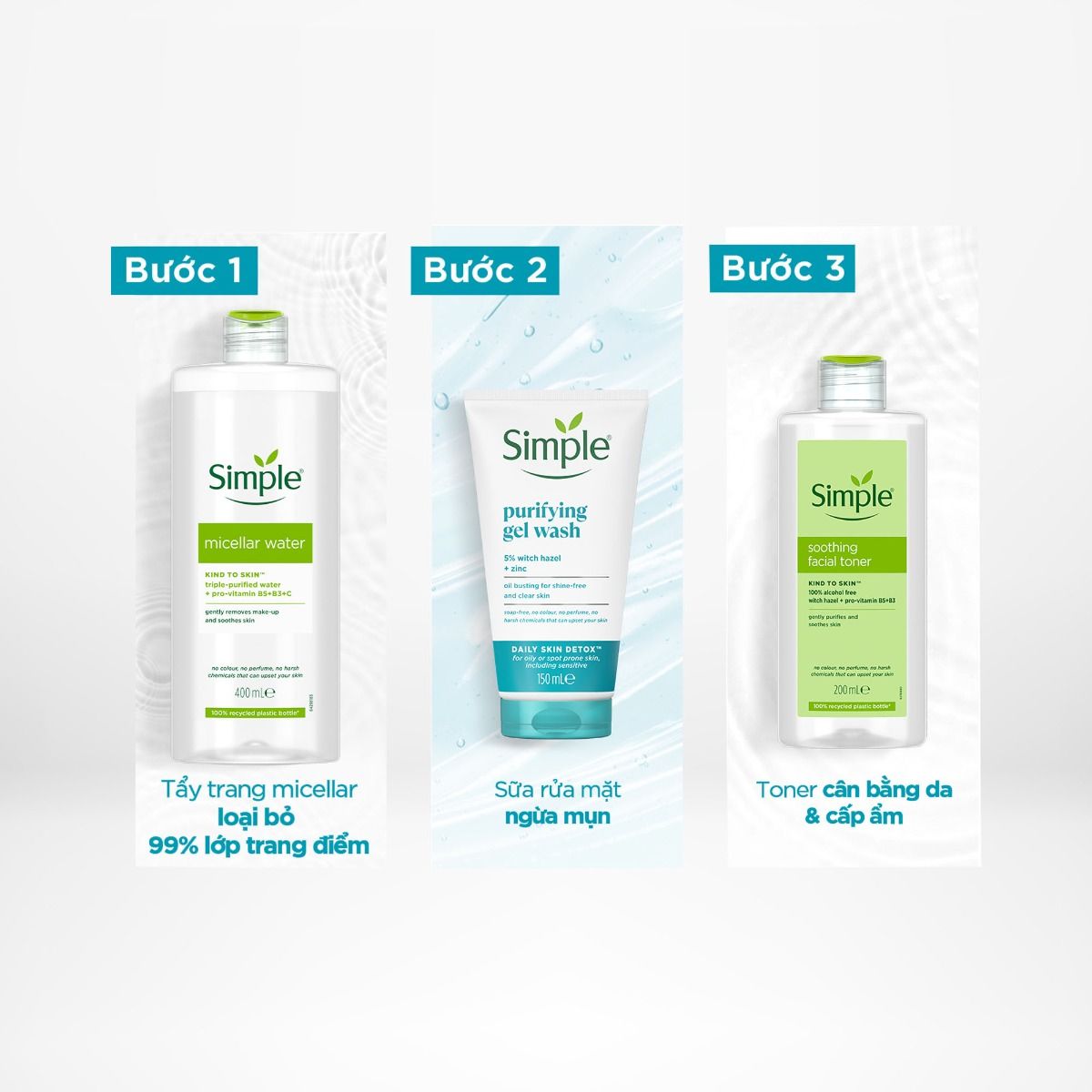 Combo Simple Tẩy trang Micellar 400ml hoặc 200ml/Sữa dưỡng ẩm 125ml + Sữa rửa mặt 150ml + Nước hoa hồng 200ml ngừa mụn hiệu quả [CHÍNH HÃNG ĐỘC QUYỀN]