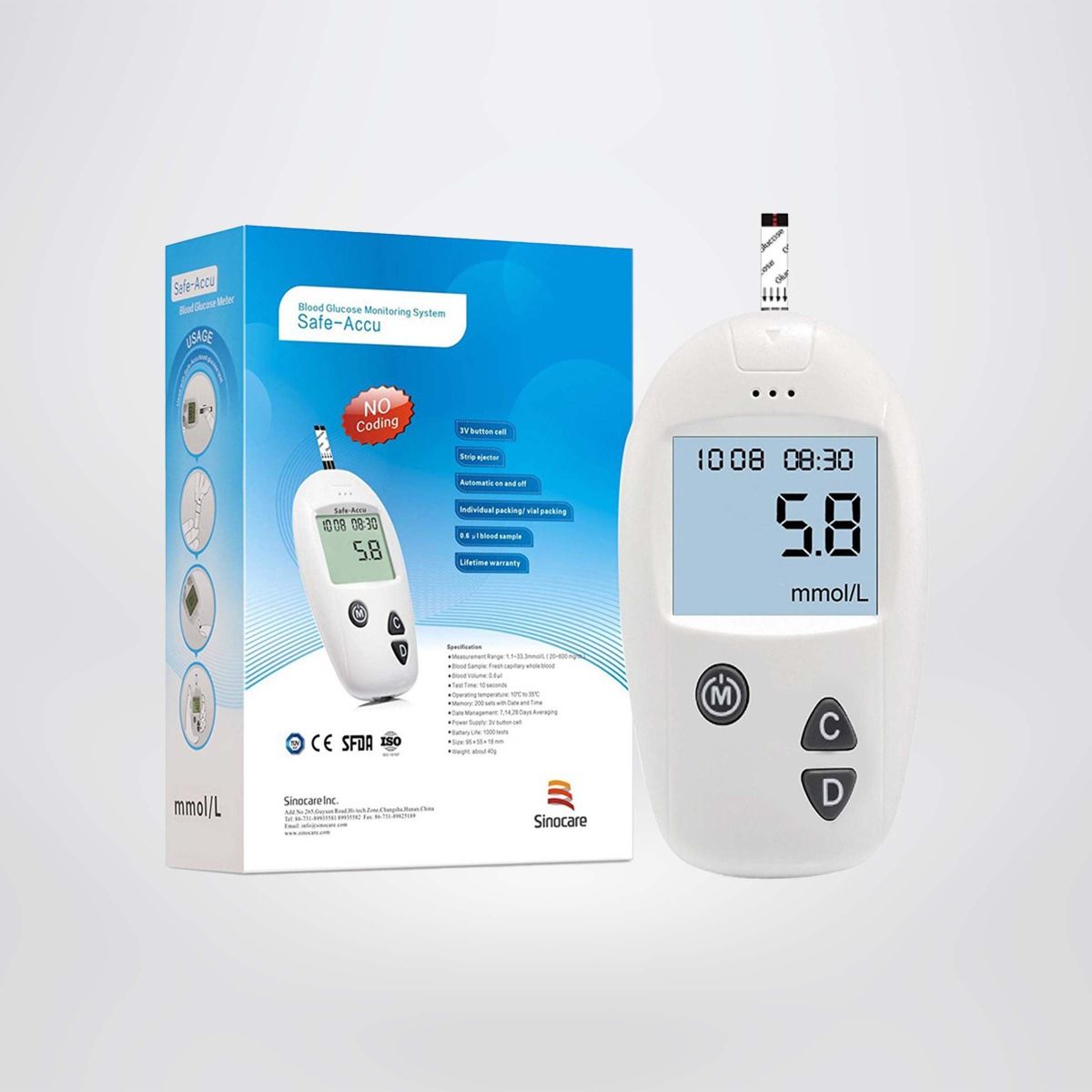 Sinocare Máy Đo Đường Huyết Safe Accu Kèm 50 Que Thử Và 50 Kim Chính Hãng